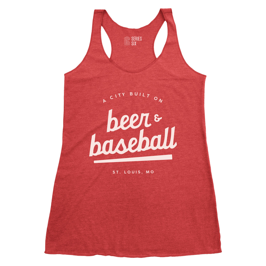 A City Built on Beer and Baseball Ladies Racerback Tank Top - Red