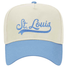 Load image into Gallery viewer, St. Louis Collegiate Script Embroidered Structured Snapback Hat - Light Blue + Tan
