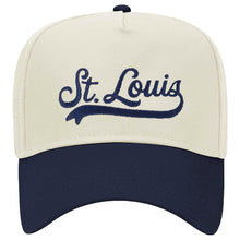 Load image into Gallery viewer, St. Louis Collegiate Script Embroidered Structured Snapback Hat - Navy + Tan
