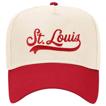 Load image into Gallery viewer, St. Louis Collegiate Script Embroidered Structured Snapback Hat - Red + Tan
