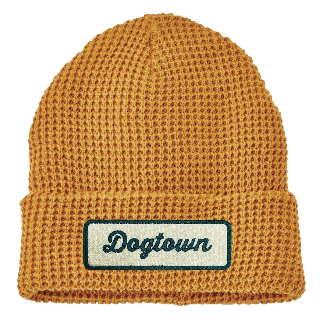 Dogtown Script Patch Waffle Knit Beanie Hat - Gold