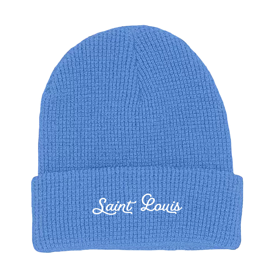 Saint Louis Embroidered Script Waffle Knit Beanie Hat - Coral