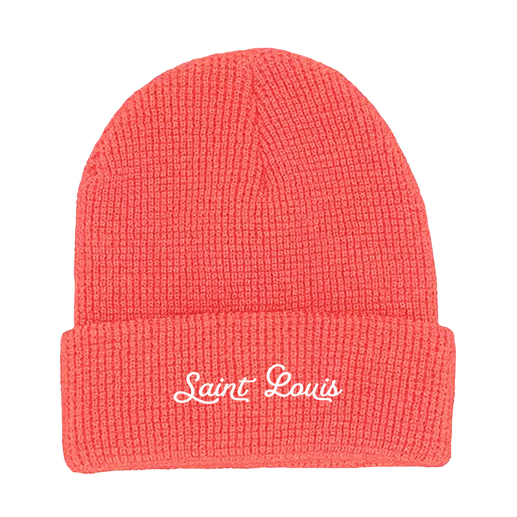 Saint Louis Embroidered Script Waffle Knit Beanie Hat - Blue