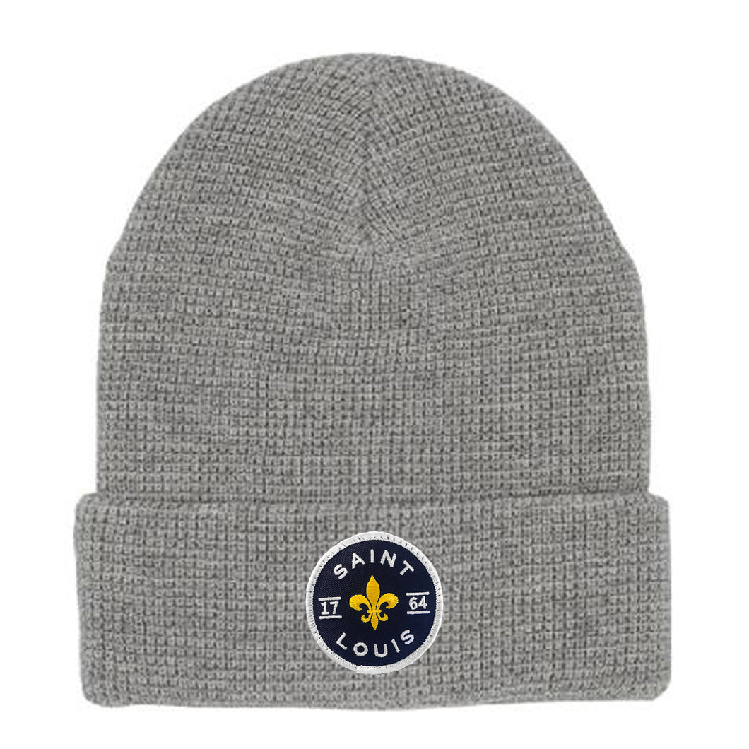 Saint Louis Fleur de Lis Patch Waffle Knit Beanie Hat - Grey