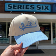 Load image into Gallery viewer, St. Louis Collegiate Script Embroidered Structured Snapback Hat - Light Blue + Tan
