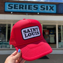 Load image into Gallery viewer, Saint Louis Navy Patch Foam Snapback Trucker Hat - Red
