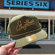 Load image into Gallery viewer, St. Louis Script Rope Bill Snapback Hat - Green + Gold
