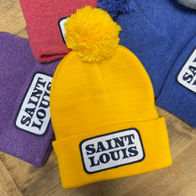 Load image into Gallery viewer, Saint Louis Navy Patch Knit Beanie Hat with Pom Pom - Gold
