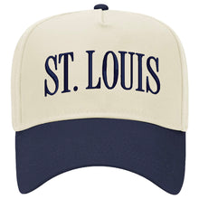 Load image into Gallery viewer, St. Louis Puff Embroidered Structured Snapback Hat - Navy + Tan
