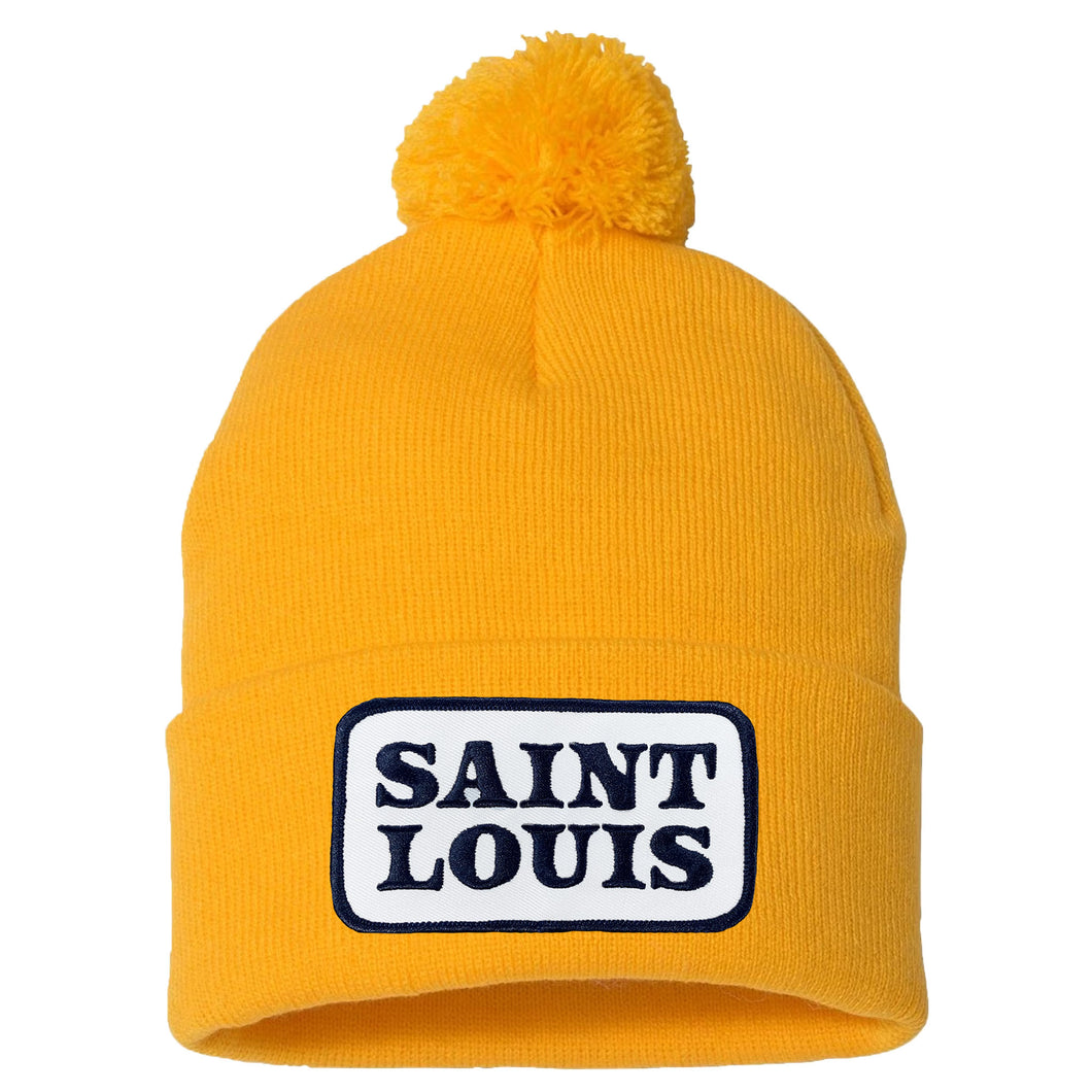 Saint Louis Navy Patch Knit Beanie Hat with Pom Pom - Gold