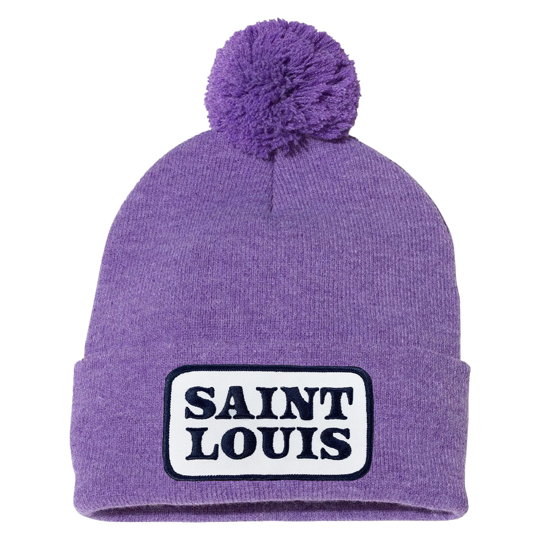 Saint Louis Navy Patch Knit Beanie Hat with Pom Pom - Purple