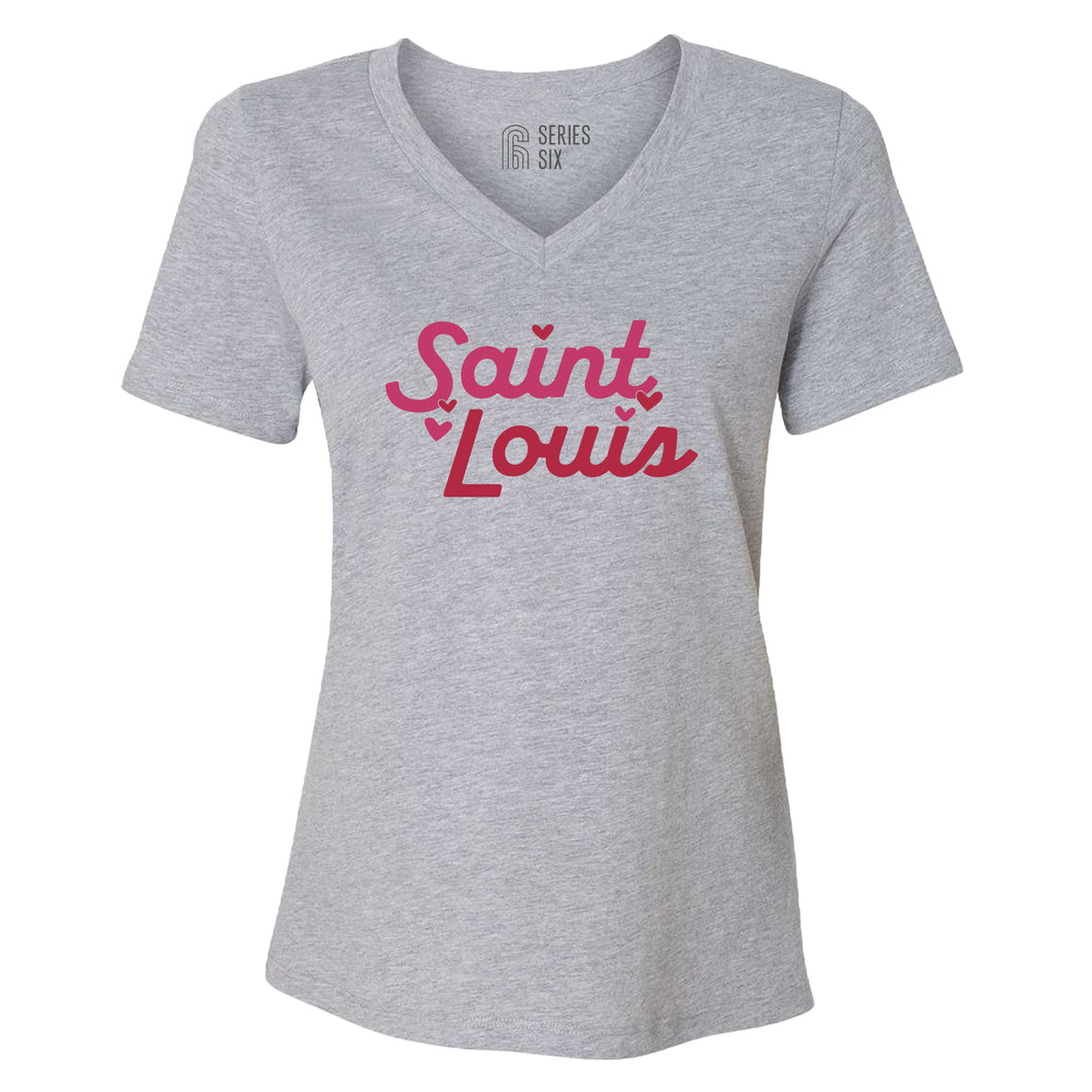 Saint Louis Script Hearts V-Neck T-Shirt