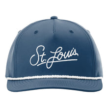 Load image into Gallery viewer, St. Louis Script Rope Bill Snapback Hat - Navy + White
