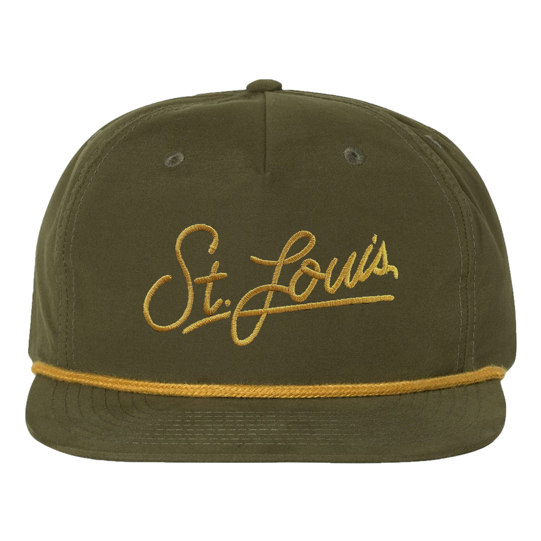 St. Louis Script Rope Bill Snapback Hat - Green + Gold