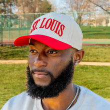 Load image into Gallery viewer, St. Louis Puff Embroidered Structured Snapback Hat - Red + Tan
