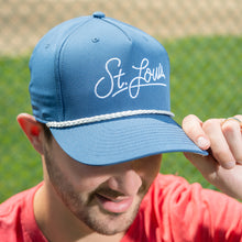 Load image into Gallery viewer, St. Louis Script Rope Bill Snapback Hat - Navy + White
