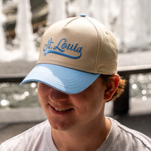 Load image into Gallery viewer, St. Louis Collegiate Script Embroidered Structured Snapback Hat - Light Blue + Tan
