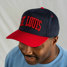 Load image into Gallery viewer, St. Louis Puff Embroidered Structured Snapback Hat - Navy + Red
