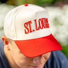 Load image into Gallery viewer, St. Louis Puff Embroidered Structured Snapback Hat - Red + Tan
