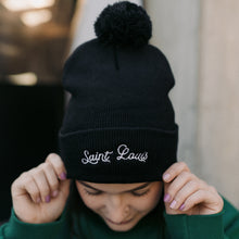 Load image into Gallery viewer, Saint Louis Embroidered Script Knit Beanie Hat - Black
