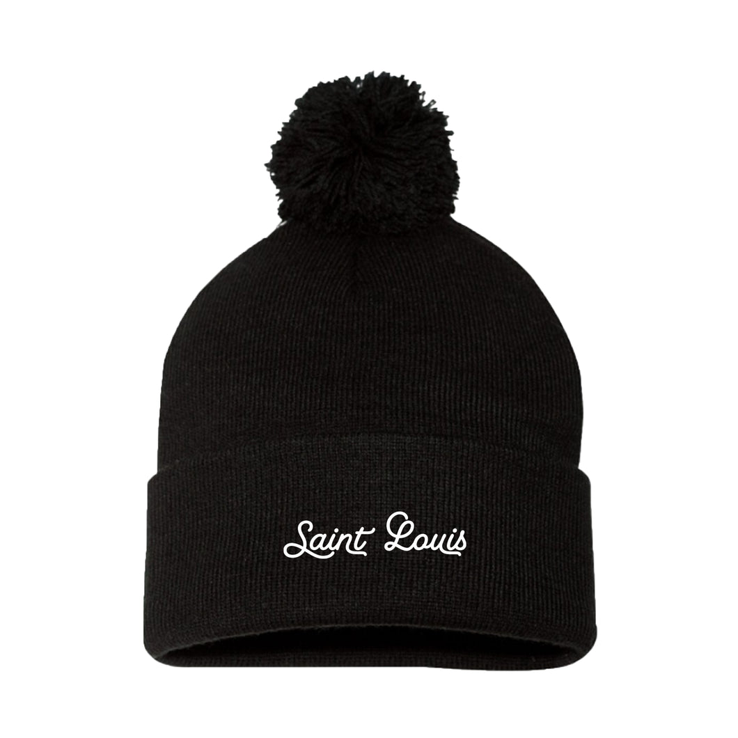 Saint Louis Embroidered Script Knit Beanie Hat - Black