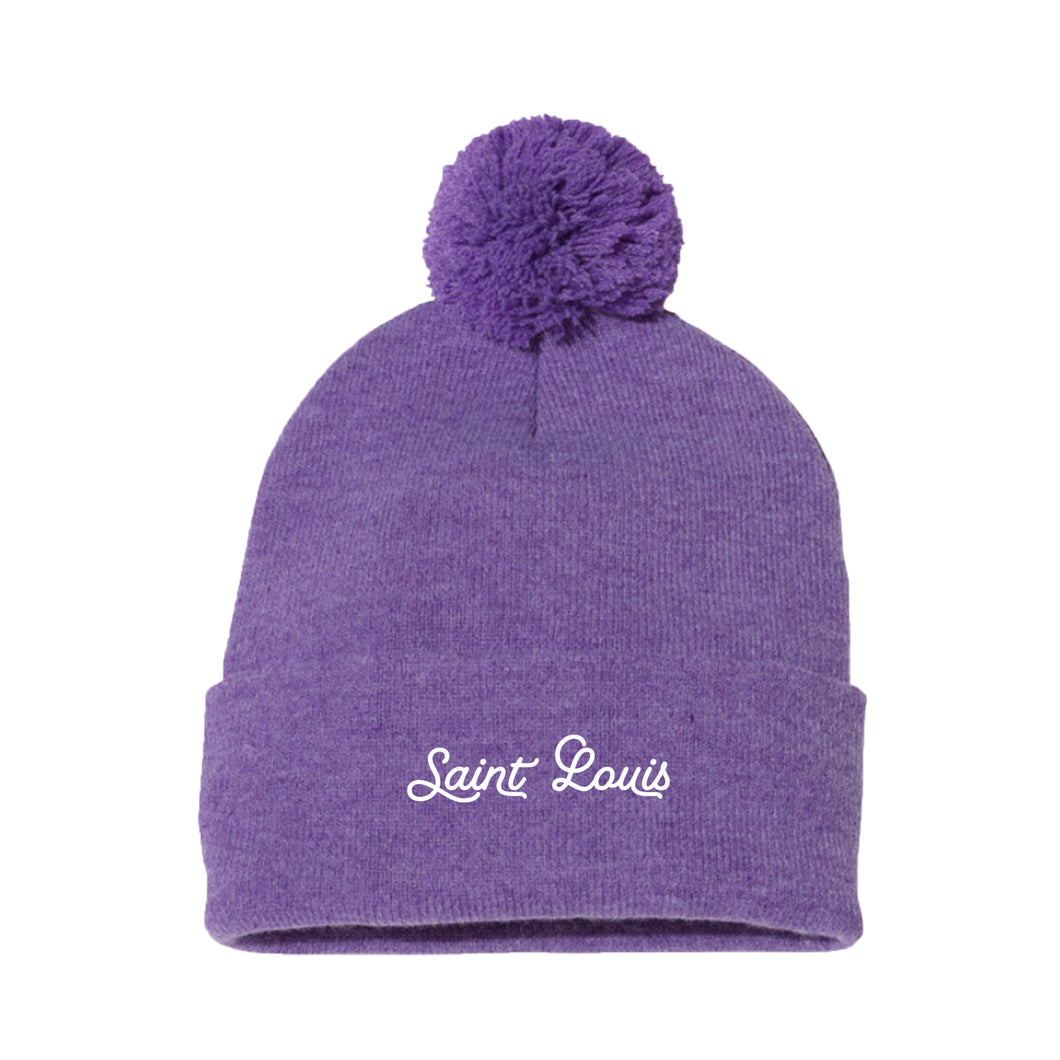 Saint Louis Embroidered Script Knit Beanie Hat - Purple