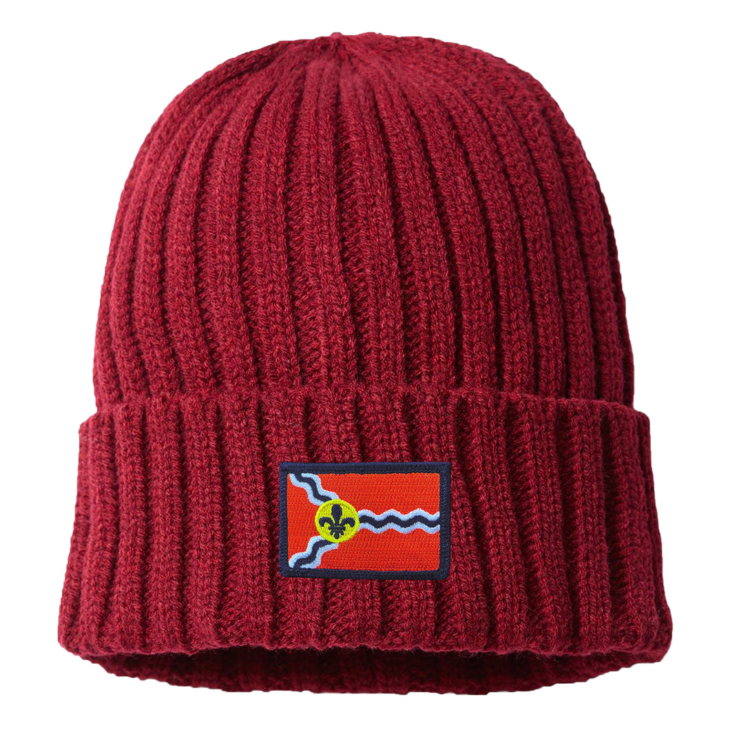 STL Flag Patch Knit Beanie Hat - Burgundy Cableknit