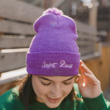 Load image into Gallery viewer, Saint Louis Embroidered Script Knit Beanie Hat - Purple
