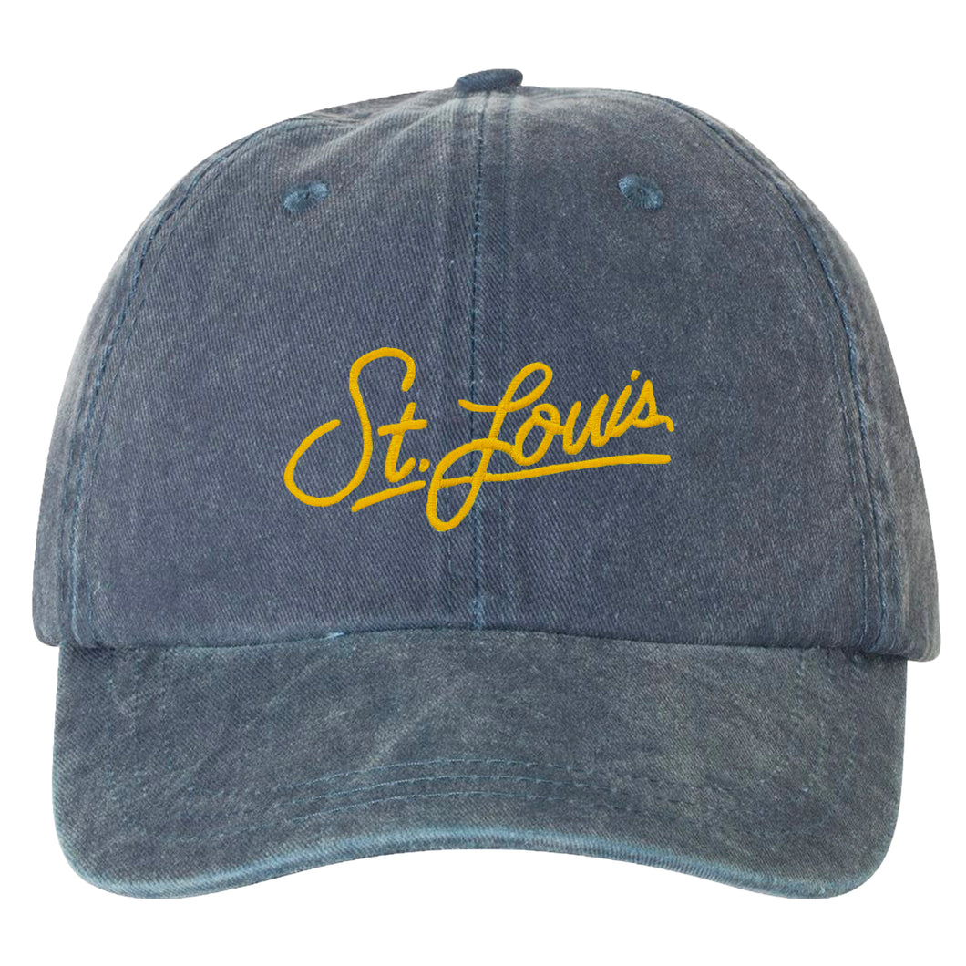St. Louis Script Soft Style Hat - Navy with Gold